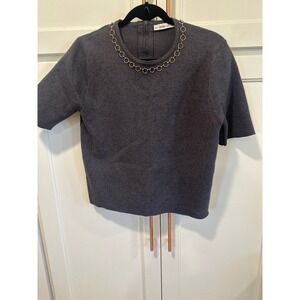 Zara Knit Top Short Sleeve XL Gray Gold Chain Neck Detail Pullover Women casual